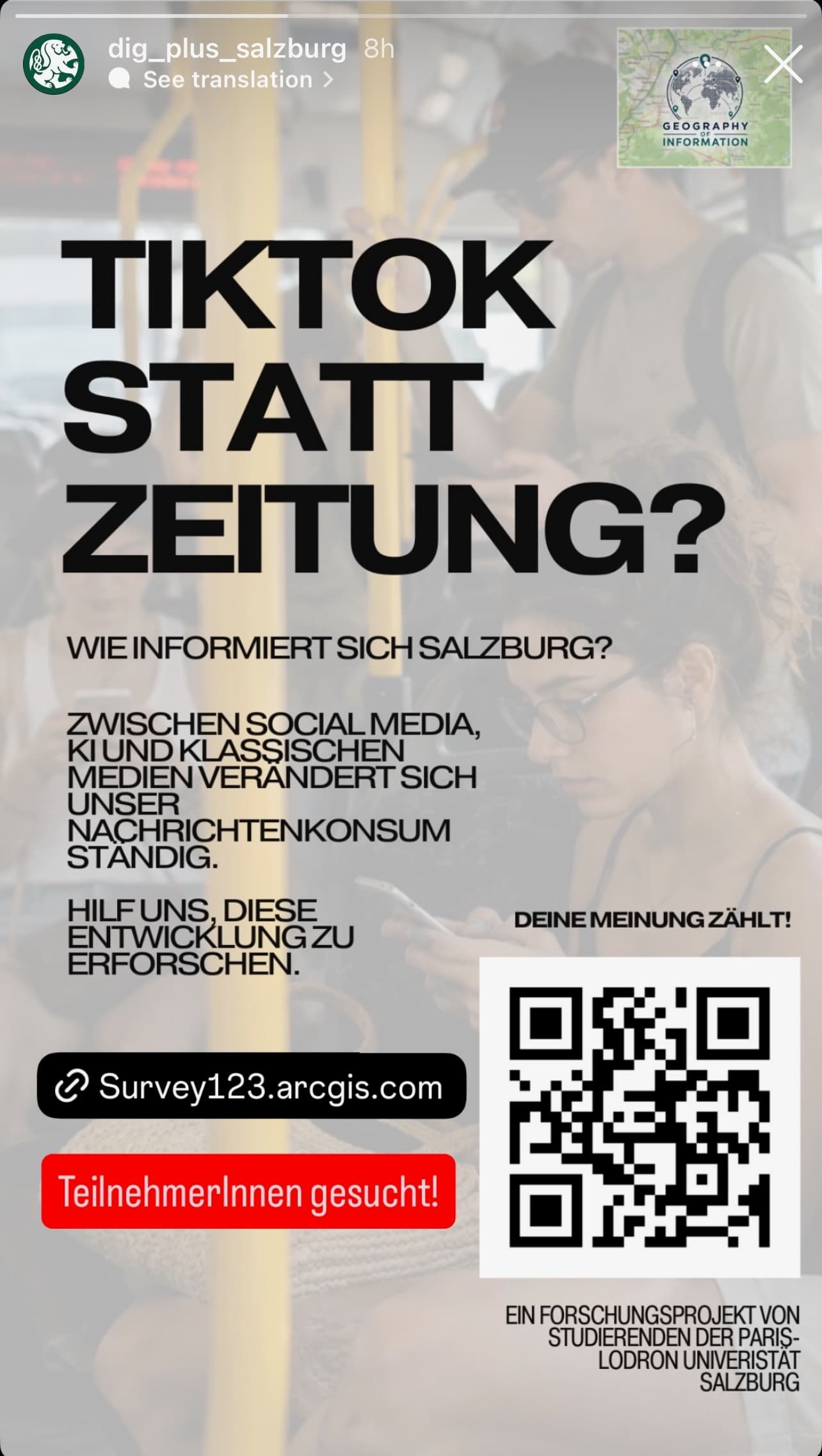 Instagram-Story des Studiengangs Digitalisierung – Innovation – Gesellschaft zur Bewerbung der Nachrichtenumfrage